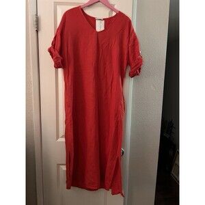 Diverse Italia Red Linen Maxi Dress Short Sleeves V Neck Size XL BNWT